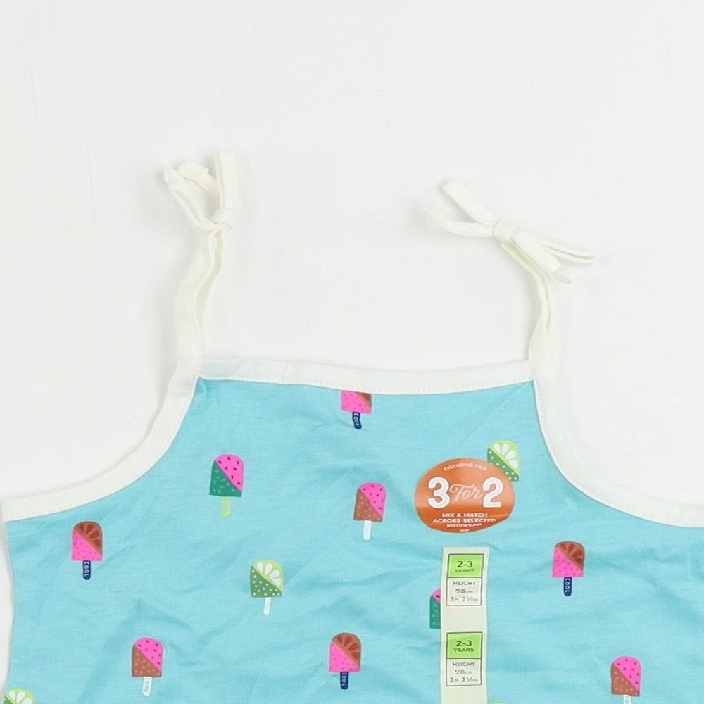 Marks and Spencer Girls Blue Geometric Cotton Camisole Tank Size 2-3 Years Square Neck Pullover - Ice Cream Print