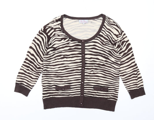 Be Beau Womens Brown Scoop Neck Animal Print Viscose Cardigan Jumper Size 14 - Zebra Print