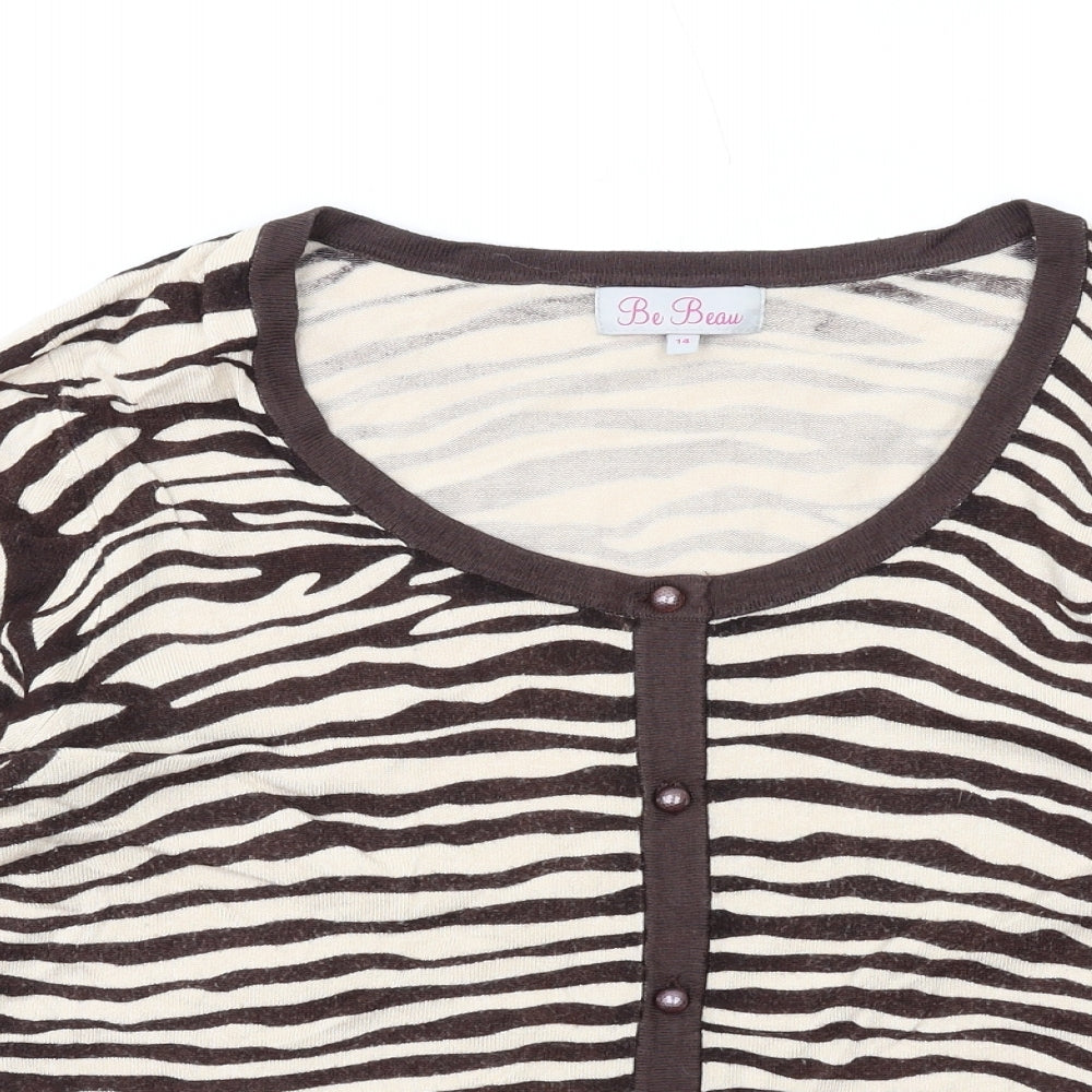 Be Beau Womens Brown Scoop Neck Animal Print Viscose Cardigan Jumper Size 14 - Zebra Print