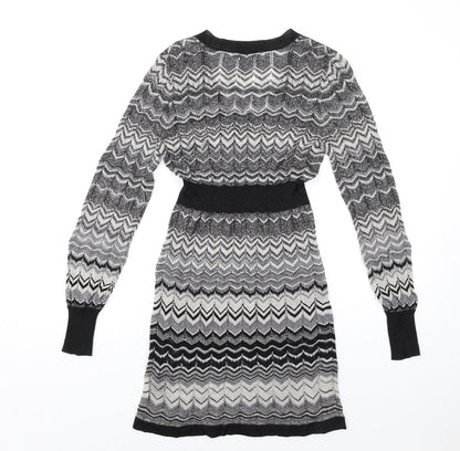 Julien Macdonald Womens Black Chevron Viscose A-Line Size 10 Square Neck Pullover