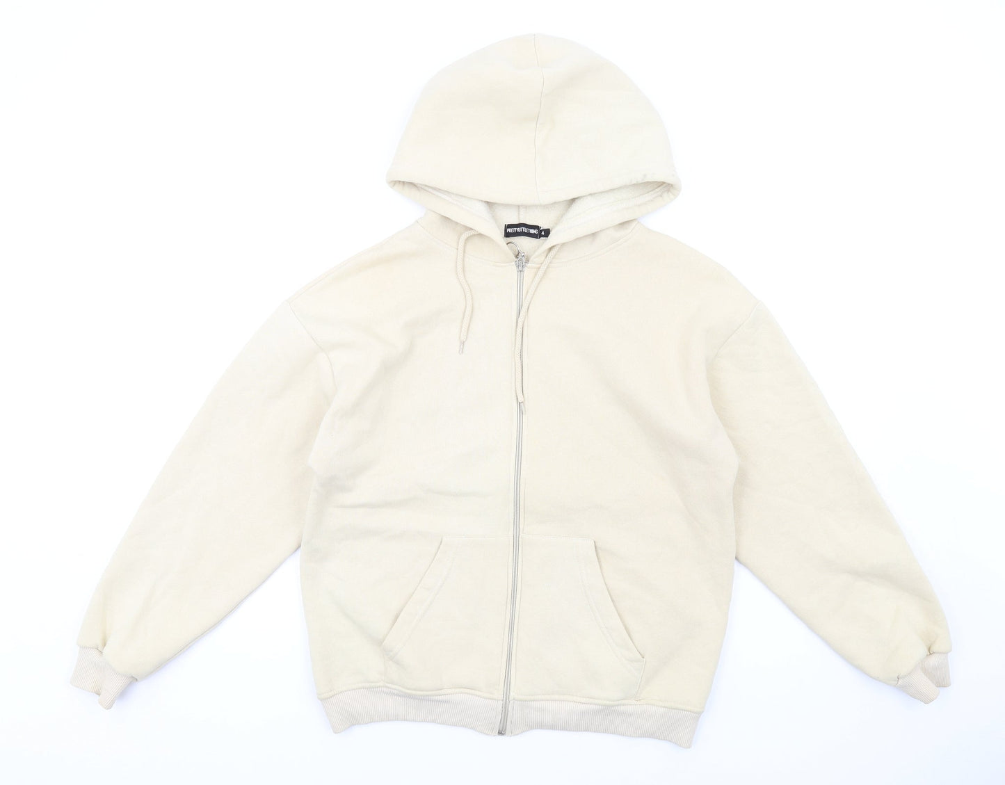 PRETTYLITTLETHING Womens Beige Cotton Full Zip Hoodie Size 4 Zip
