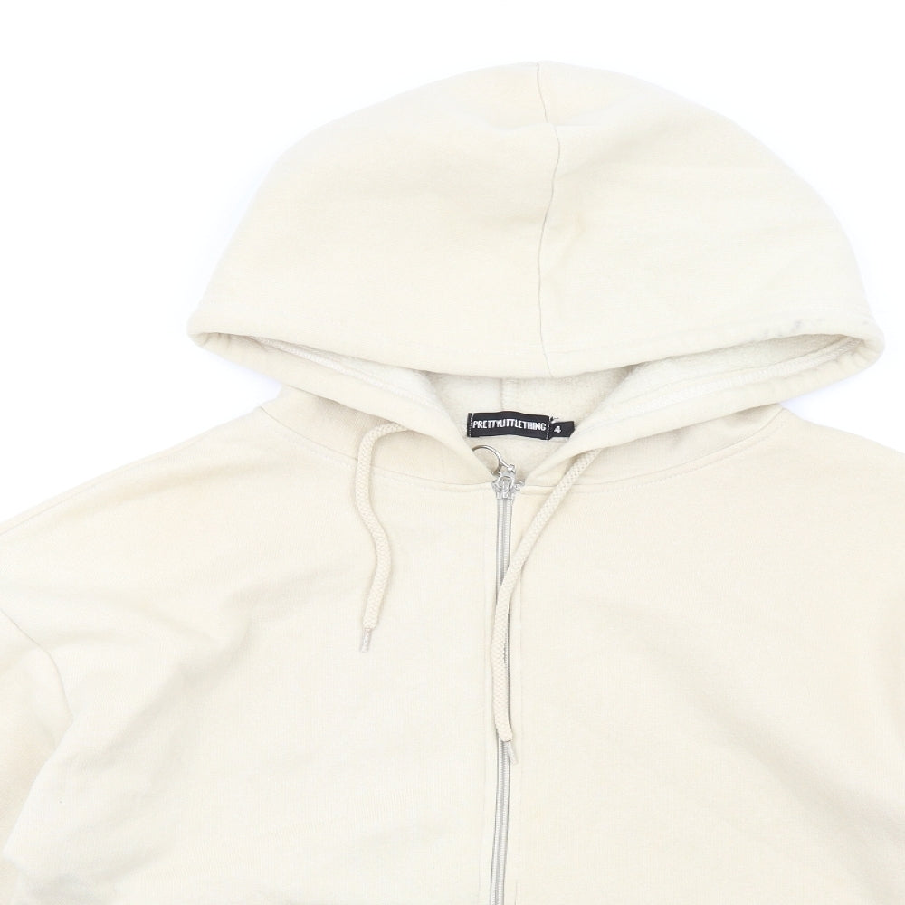 PRETTYLITTLETHING Womens Beige Cotton Full Zip Hoodie Size 4 Zip