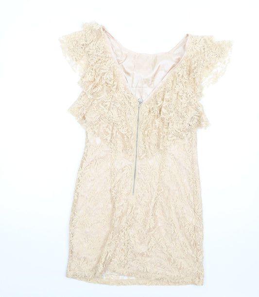 Lipsy Womens Beige Polyamide A-Line Size 10 Round Neck Zip