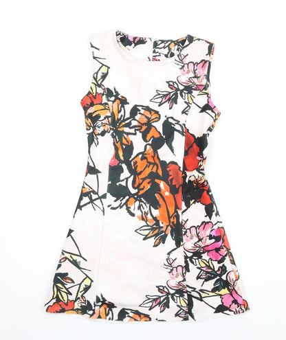 Mango Womens Multicoloured Floral Polyester A-Line Size S Round Neck Zip