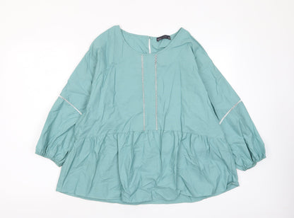 Marks and Spencer Womens Green Cotton Basic Blouse Size 16 Crew Neck - Pleated, Embroidered
