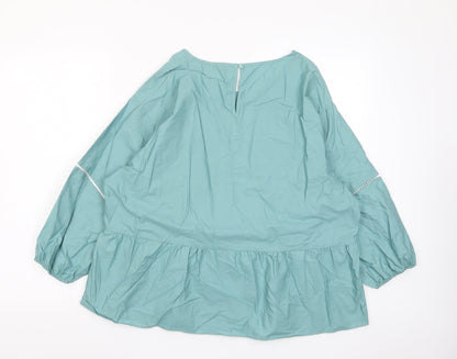 Marks and Spencer Womens Green Cotton Basic Blouse Size 16 Crew Neck - Pleated, Embroidered