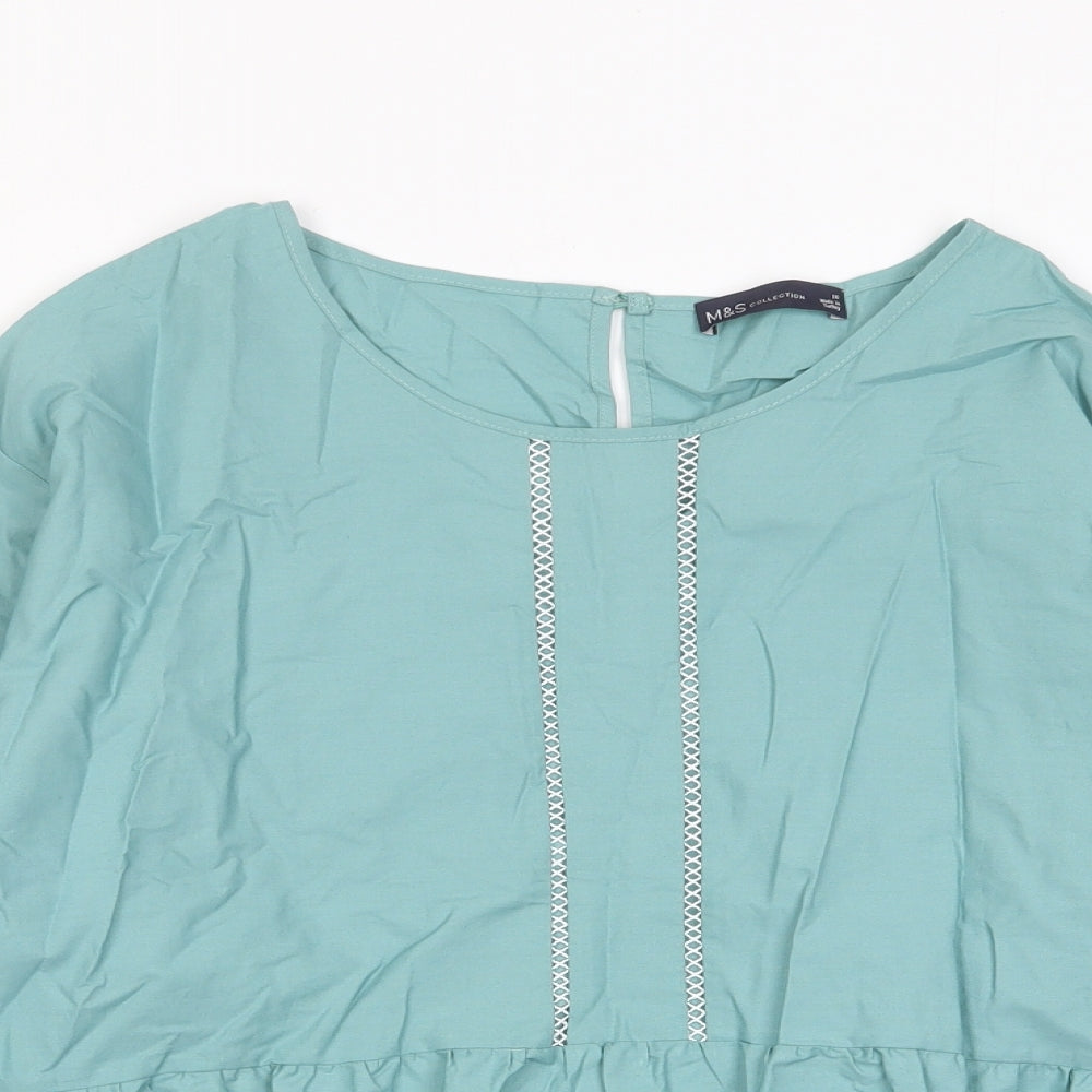 Marks and Spencer Womens Green Cotton Basic Blouse Size 16 Crew Neck - Pleated, Embroidered