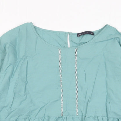 Marks and Spencer Womens Green Cotton Basic Blouse Size 16 Crew Neck - Pleated, Embroidered