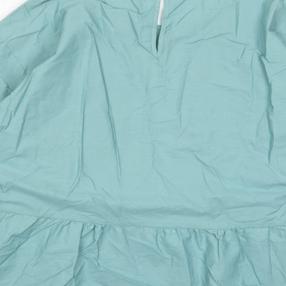 Marks and Spencer Womens Green Cotton Basic Blouse Size 16 Crew Neck - Pleated, Embroidered