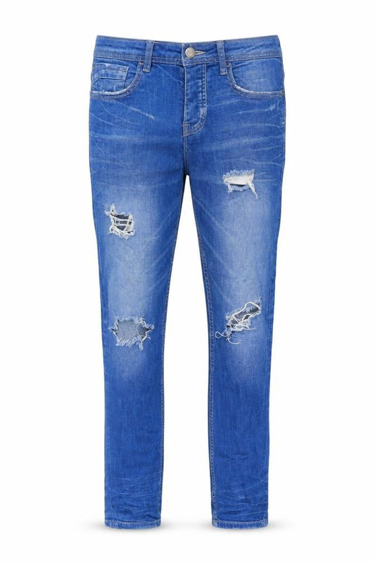 Front view of Denim & Co. men’s blue cotton straight jeans, size 30, in, 30-inch leg regular button - pockets