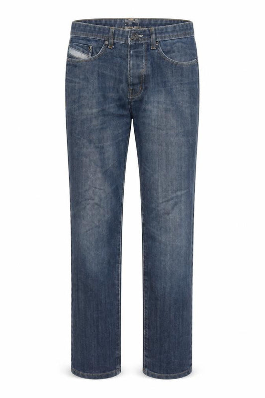 Front view of Denim & Co. men’s blue cotton straight jeans, size 32, in, 30-inch leg regular button - pockets