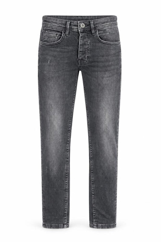 Front view of Denim & Co. men’s grey cotton straight jeans, size 28, in, 30-inch leg regular zip - pockets