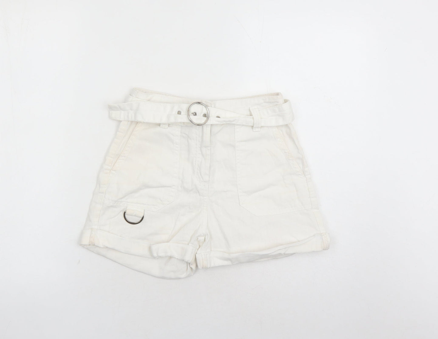 Bershka Womens White Cotton Mom Shorts Size 26 in L3 in Regular Zip - Belted