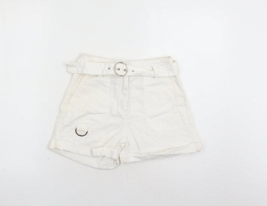 Bershka Womens White Cotton Mom Shorts Size 26 in L3 in Regular Zip - Belted