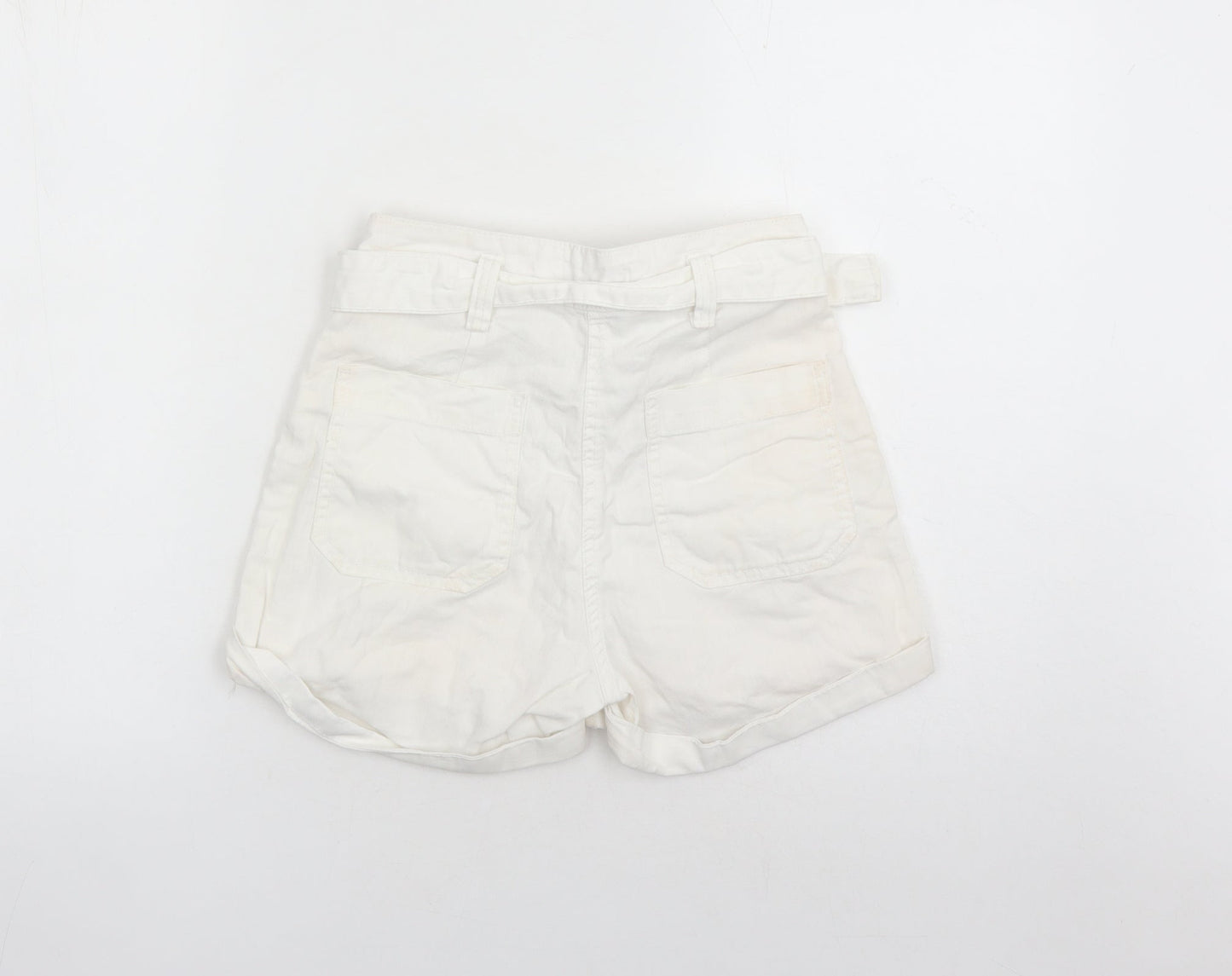 Bershka Womens White Cotton Mom Shorts Size 26 in L3 in Regular Zip - Belted
