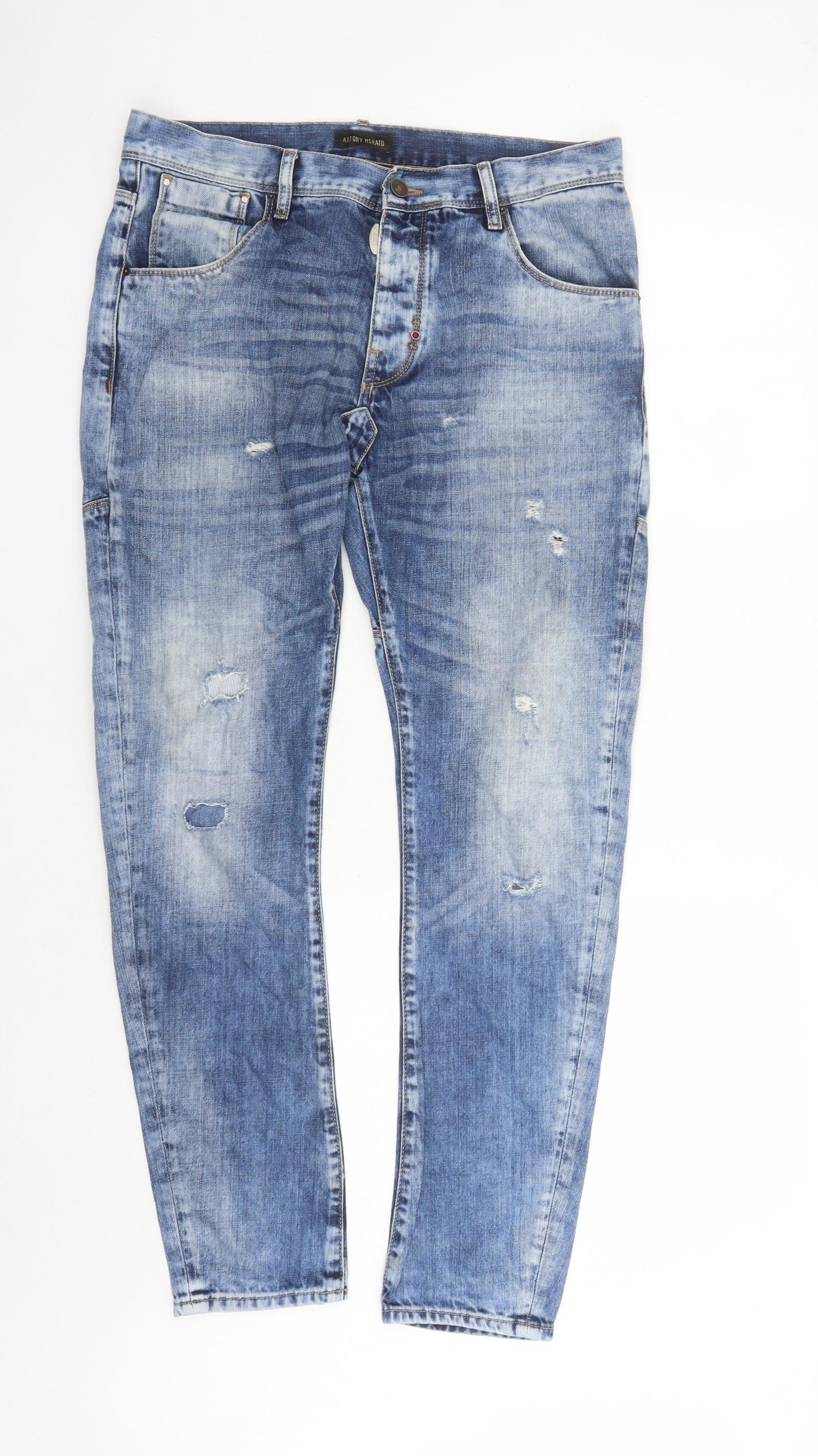 Antony Morato Mens Blue Cotton Straight Jeans Size 34 in L29 in Regular Zip - Distressed Look