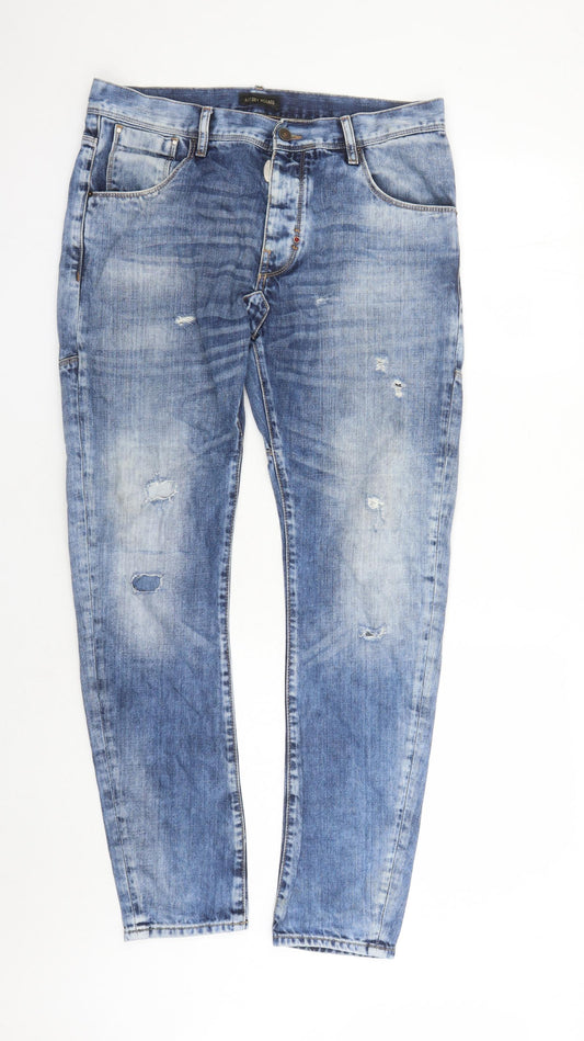 Antony Morato Mens Blue Cotton Straight Jeans Size 34 in L29 in Regular Zip - Distressed Look