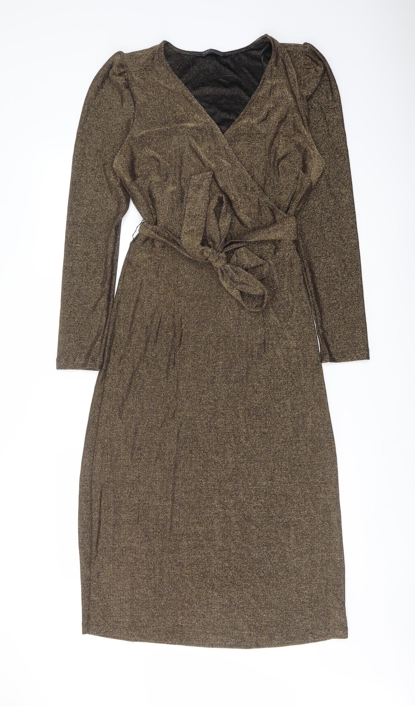 Marks and Spencer Womens Gold Polyamide Pencil Dress Size 8 V-Neck Pullover