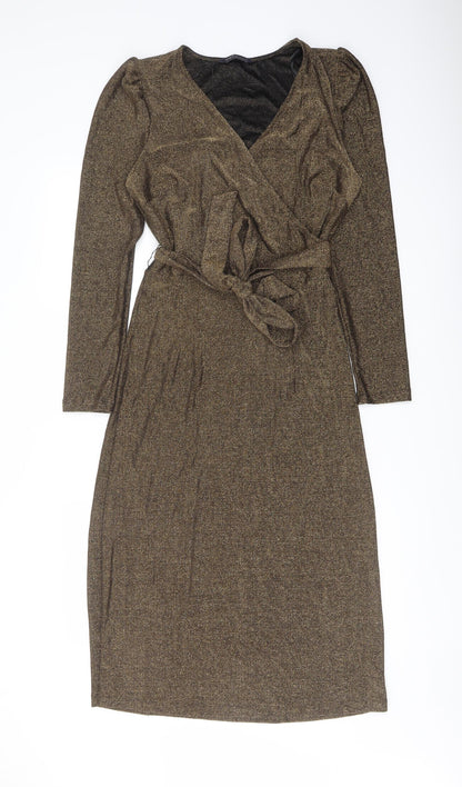 Marks and Spencer Womens Gold Polyamide Pencil Dress Size 8 V-Neck Pullover