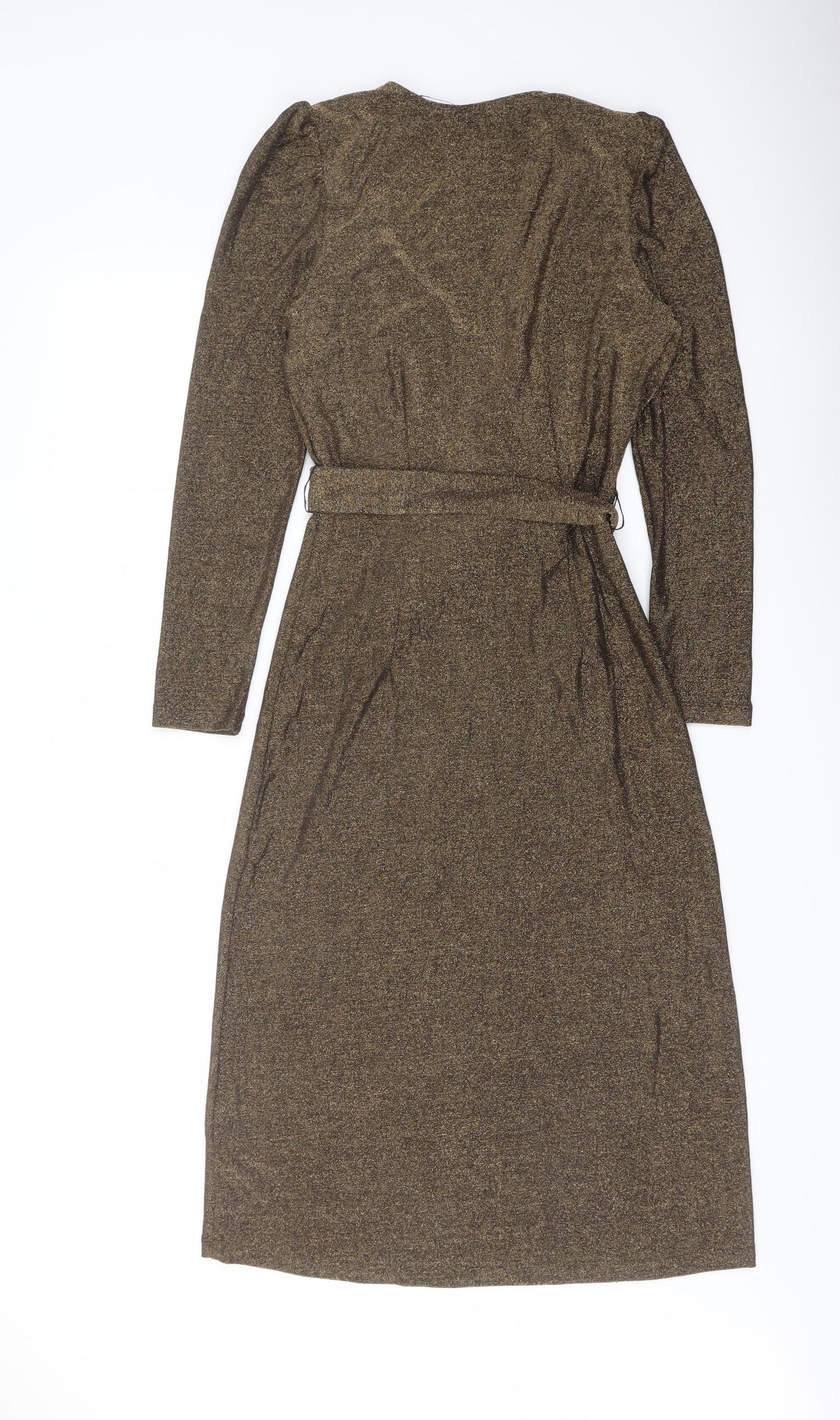 Marks and Spencer Womens Gold Polyamide Pencil Dress Size 8 V-Neck Pullover