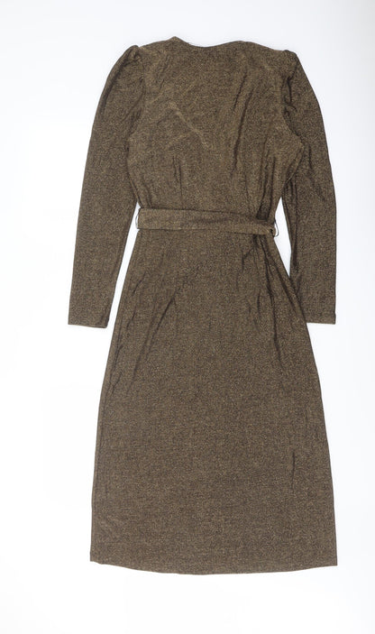 Marks and Spencer Womens Gold Polyamide Pencil Dress Size 8 V-Neck Pullover