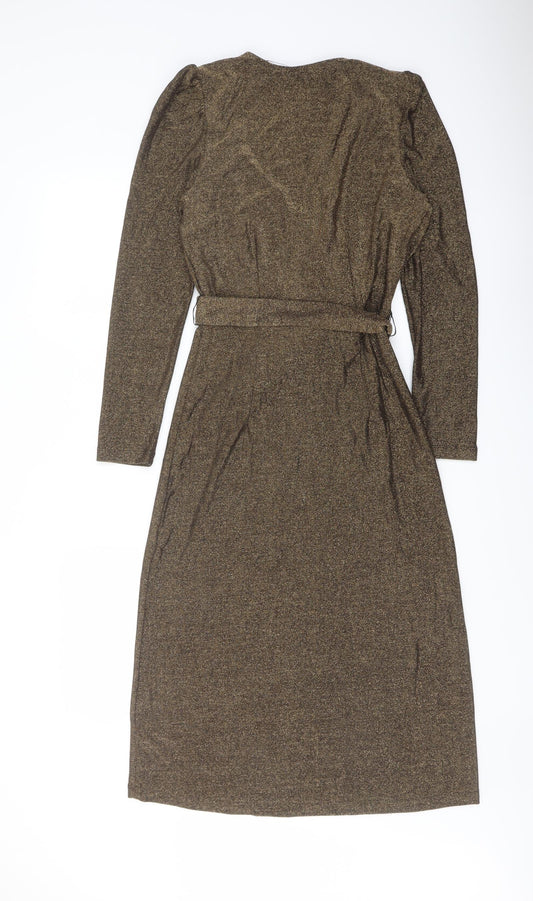 Marks and Spencer Womens Gold Polyamide Pencil Dress Size 8 V-Neck Pullover