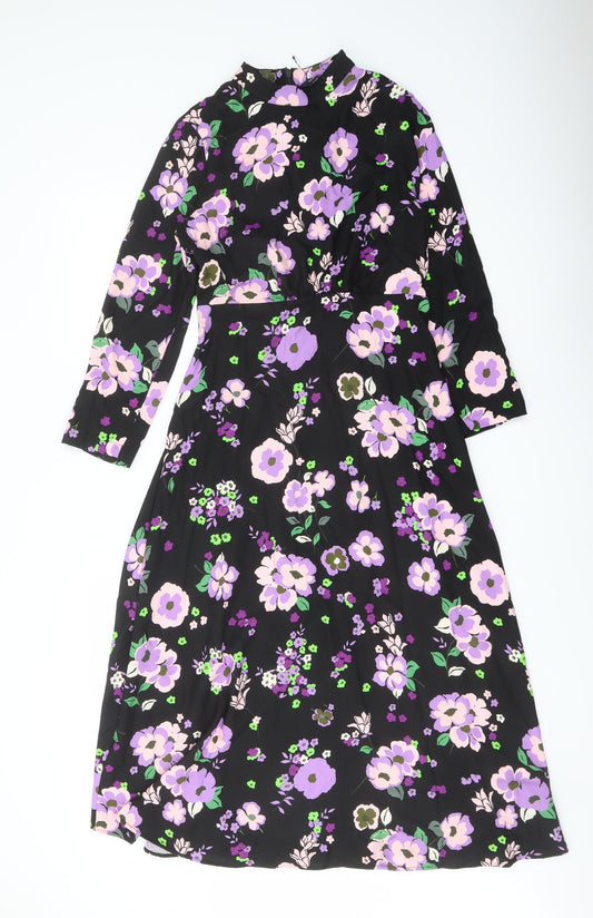 Marks and Spencer Womens Black Floral Polyester A-Line Size 8 Mock Neck Zip