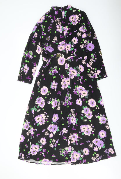 Marks and Spencer Womens Black Floral Polyester A-Line Size 8 Mock Neck Zip