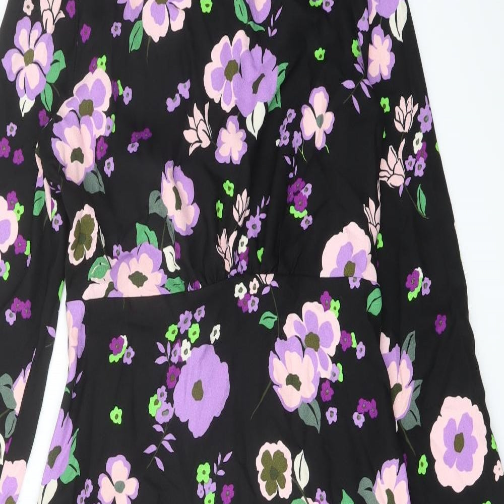 Marks and Spencer Womens Black Floral Polyester A-Line Size 8 Mock Neck Zip