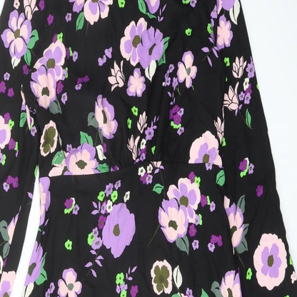 Marks and Spencer Womens Black Floral Polyester A-Line Size 8 Mock Neck Zip