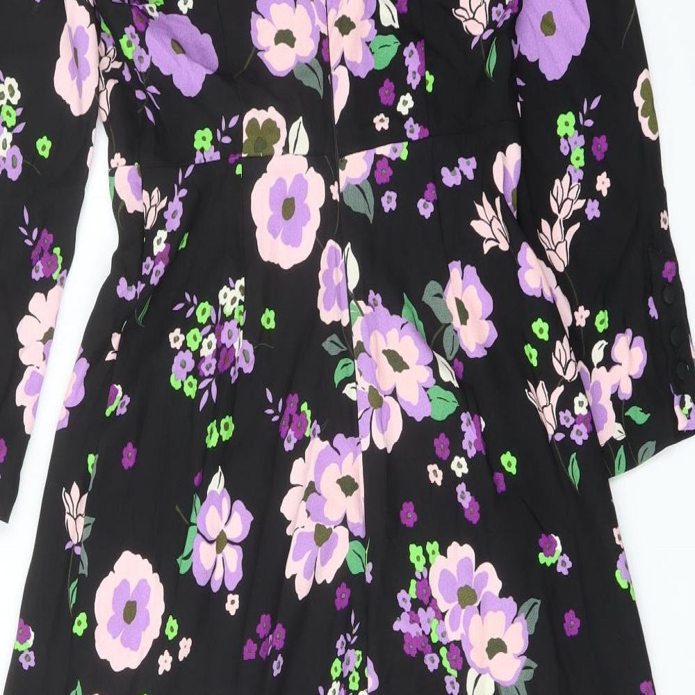 Marks and Spencer Womens Black Floral Polyester A-Line Size 8 Mock Neck Zip