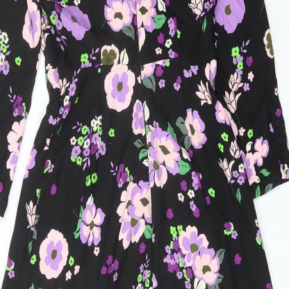 Marks and Spencer Womens Black Floral Polyester A-Line Size 8 Mock Neck Zip