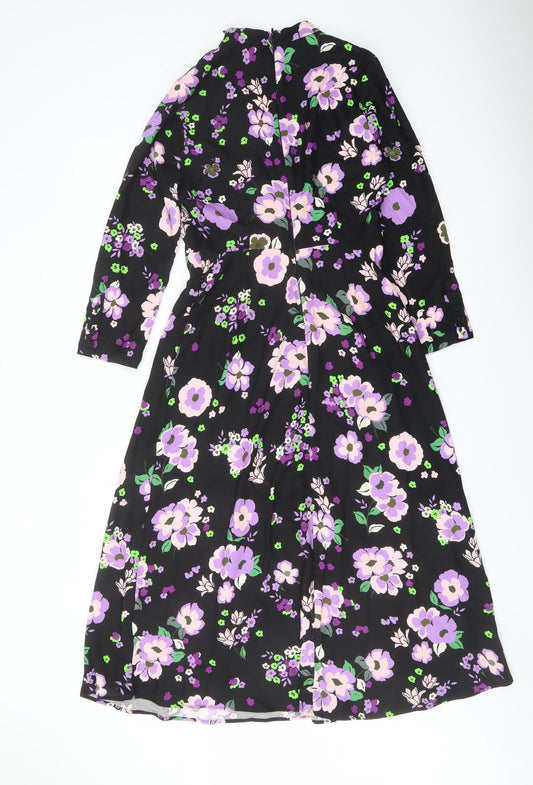 Marks and Spencer Womens Black Floral Polyester A-Line Size 8 Mock Neck Zip