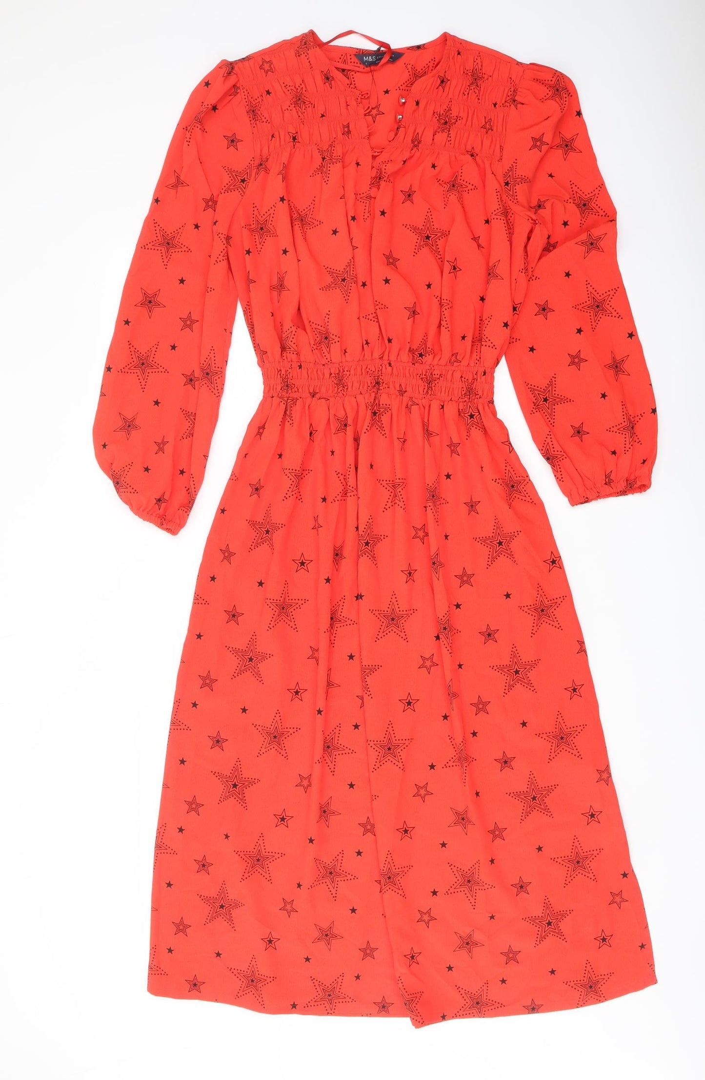 Marks and Spencer Womens Red Geometric Polyester A-Line Size 8 V-Neck Button