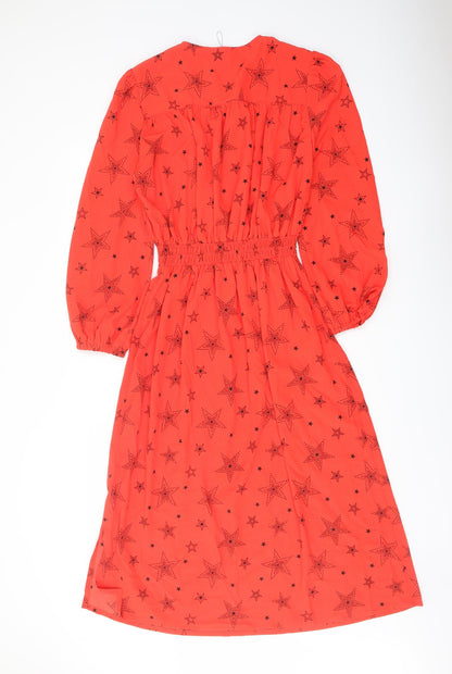 Marks and Spencer Womens Red Geometric Polyester A-Line Size 8 V-Neck Button