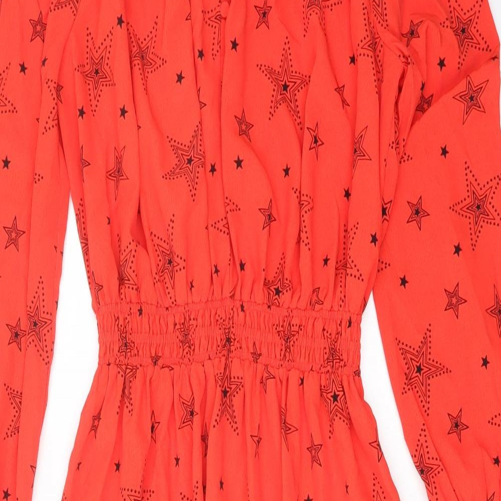 Marks and Spencer Womens Red Geometric Polyester A-Line Size 8 V-Neck Button