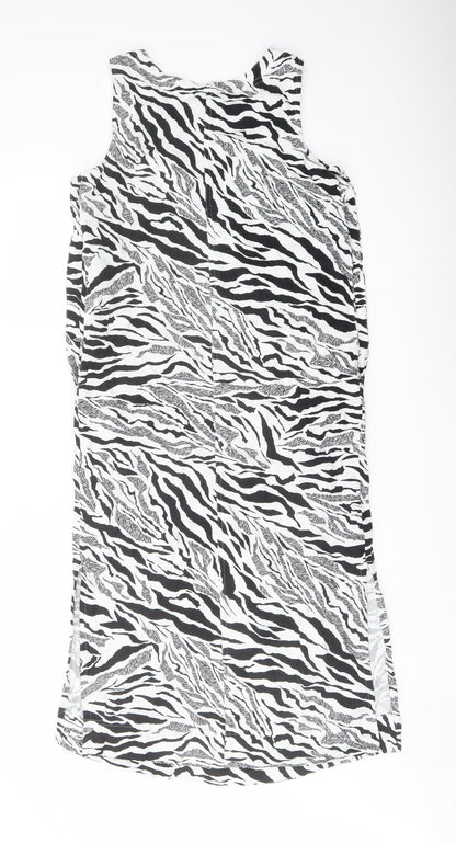 Marks and Spencer Womens White Animal Print Linen Trapeze & Swing Size 6 Round Neck Button