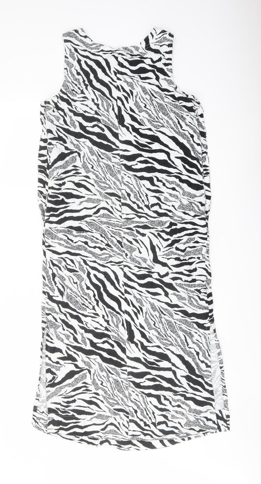 Marks and Spencer Womens White Animal Print Linen Trapeze & Swing Size 6 Round Neck Button