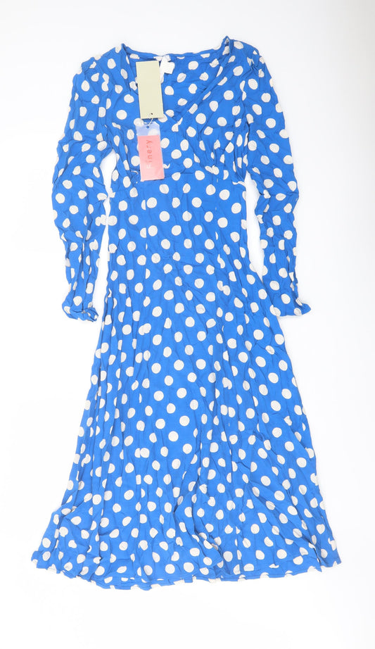 Finery Womens Blue Polka Dot Viscose A-Line Size 8 V-Neck Zip