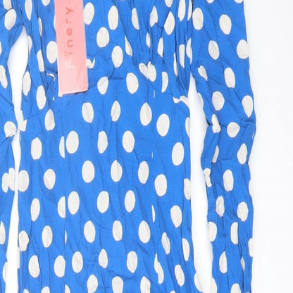 Finery Womens Blue Polka Dot Viscose A-Line Size 8 V-Neck Zip