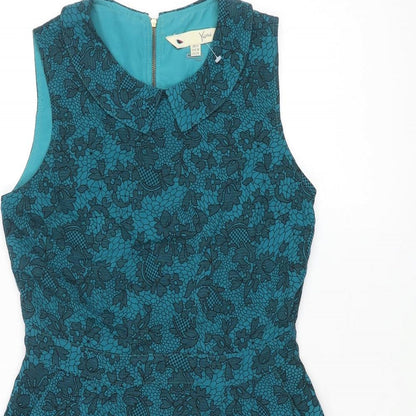 Yumi Womens Blue Floral Cotton A-Line Size 10 Collared Zip