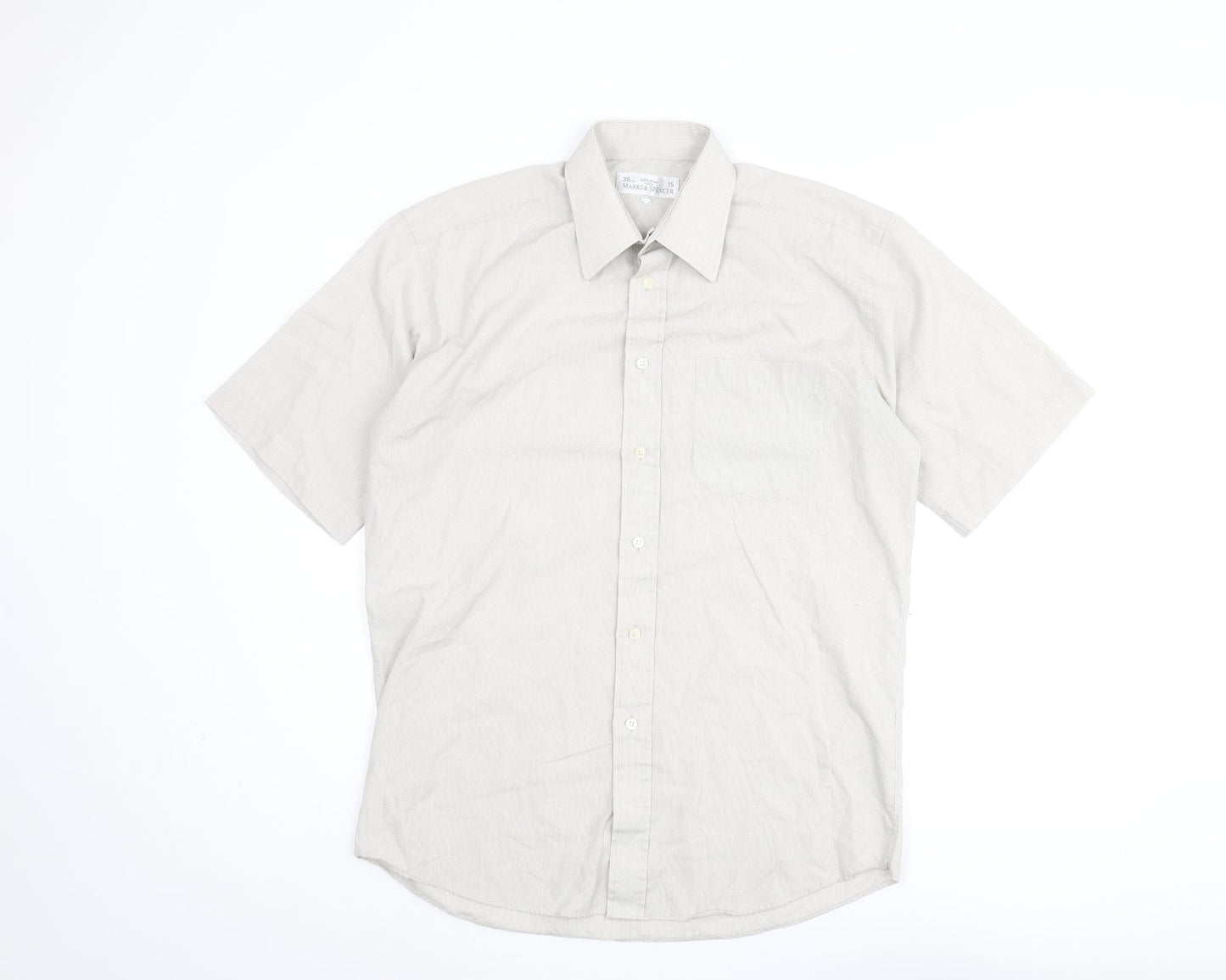 Marks and Spencer Mens Beige Check Polyester Button-Up Size 15 Collared Button