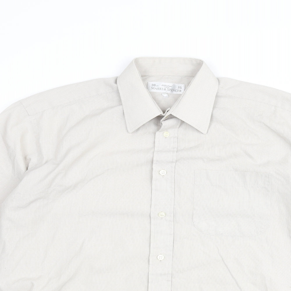Marks and Spencer Mens Beige Check Polyester Button-Up Size 15 Collared Button