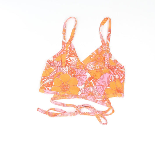 Boohoo Womens Orange Floral Polyester Cropped Tank Size 14 V-Neck - Wrap Style