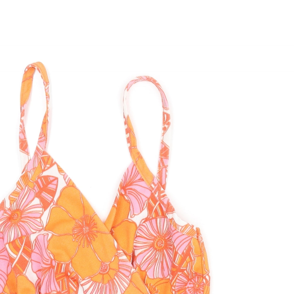 Boohoo Womens Orange Floral Polyester Cropped Tank Size 14 V-Neck - Wrap Style