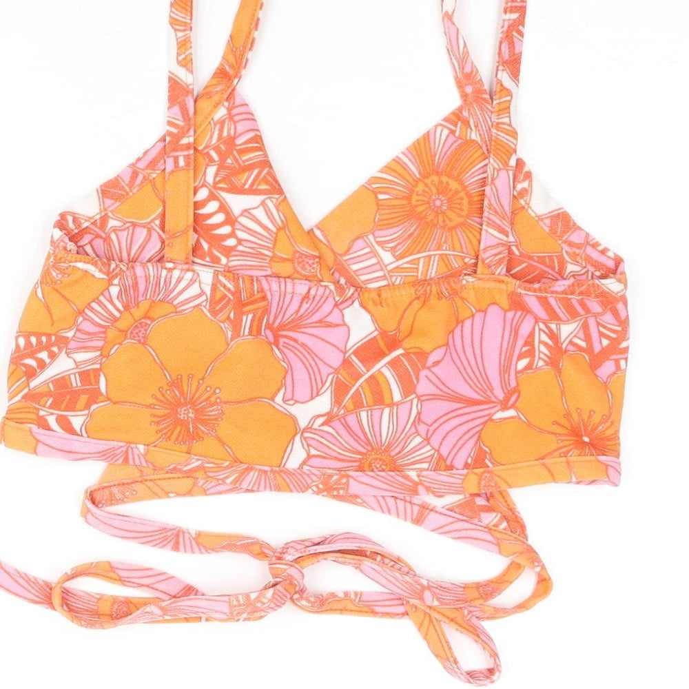Boohoo Womens Orange Floral Polyester Cropped Tank Size 14 V-Neck - Wrap Style