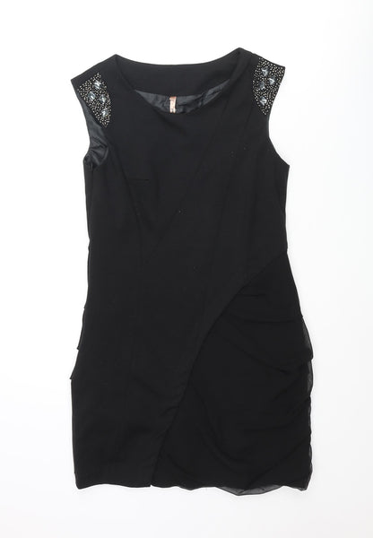Sweewë Womens Black Viscose Mini Size S Round Neck Zip - Beaded Sleeve Detail Size S-M Rouched