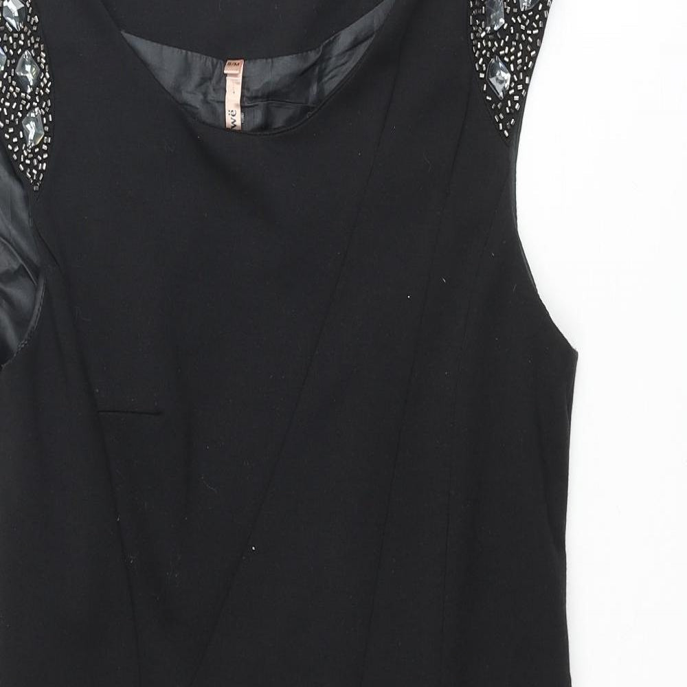 Sweewë Womens Black Viscose Mini Size S Round Neck Zip - Beaded Sleeve Detail Size S-M Rouched