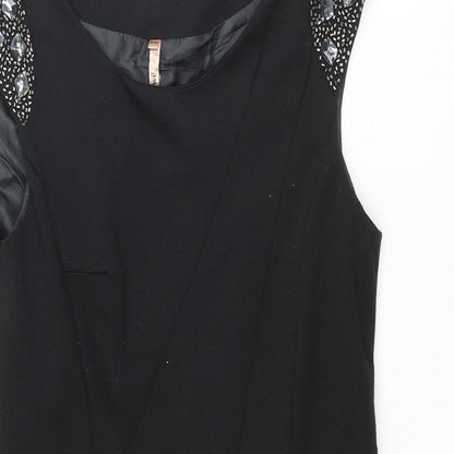 Sweewë Womens Black Viscose Mini Size S Round Neck Zip - Beaded Sleeve Detail Size S-M Rouched