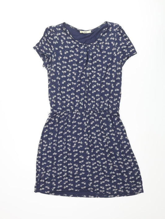 Oasis Womens Blue Geometric Viscose A-Line Size S Round Neck Pullover - Bicycle Pattern